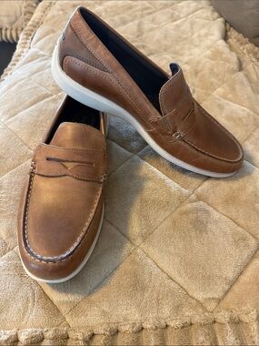 Rockport Aiden Brown Leather Penny Loafers with White Sole